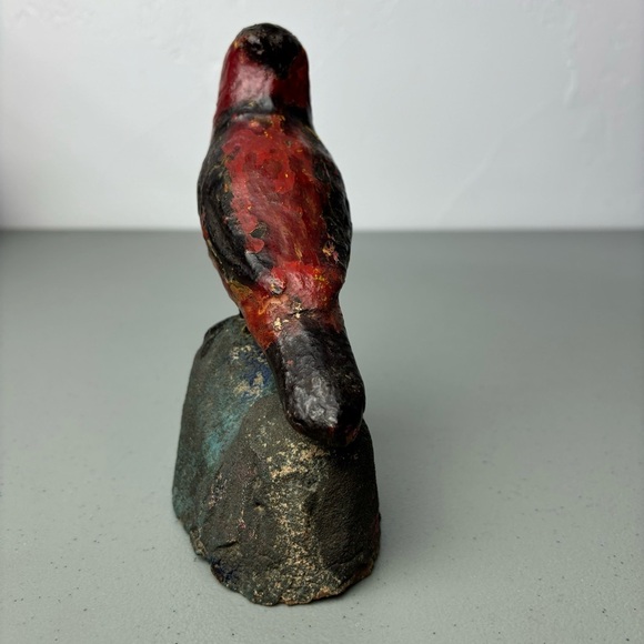 Primitive Folk Art Red Bird Robin Cardinal Stone Clay Statue Sculpture Carving - Picture 11 of 12
